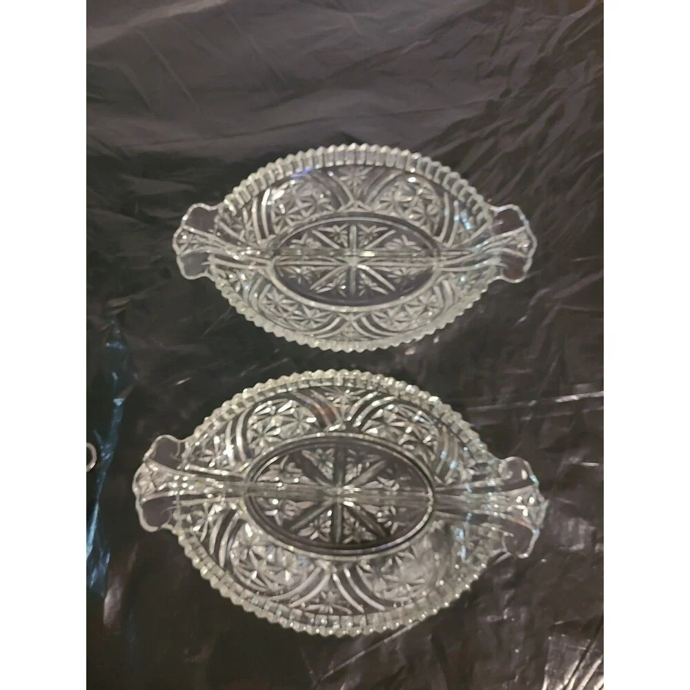 (2) MCM Vintage Anchor Hocking Pressed Glass Crystal Relish Serving Dishes Trays